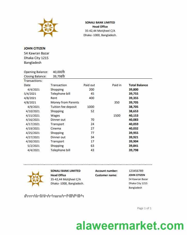 Bangladesh Sonali bank statement easy to fill template in Excel and PDF format